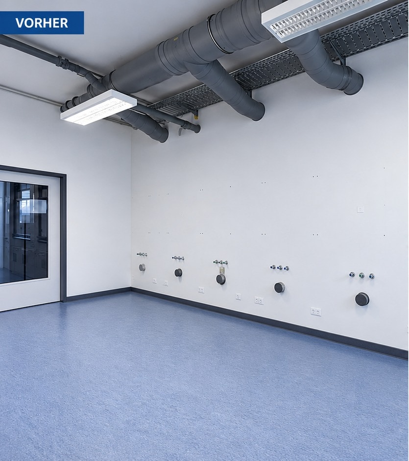 Drei Abzüge, eine Wand — vor dem Einbau: Blanke Wand, Medienanschlüsse offen