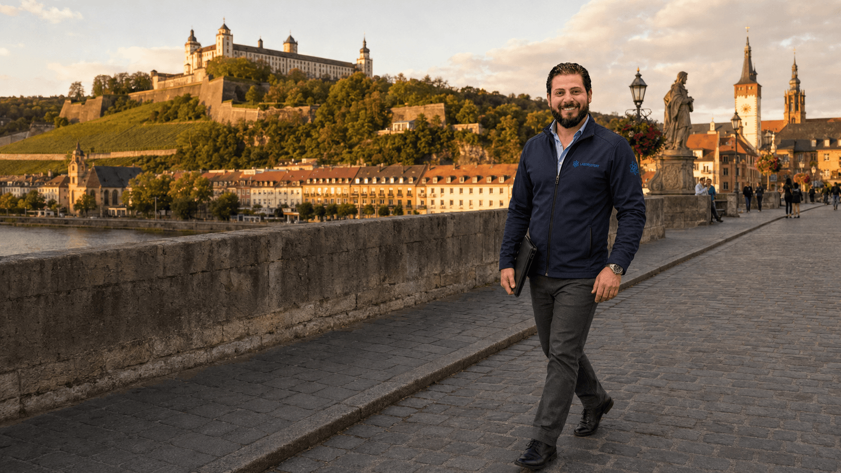 Der Inhaber von LaborExpert auf der Alten Mainbrücke in Würzburg, im Hintergrund die Festung Marienberg